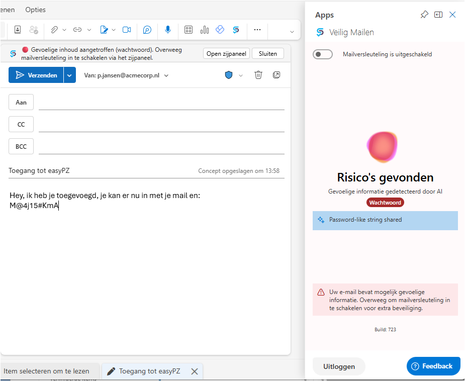 SecuDoc in Outlook herkent een wachtwoord in een e-mail en adviseert mailversleuteling